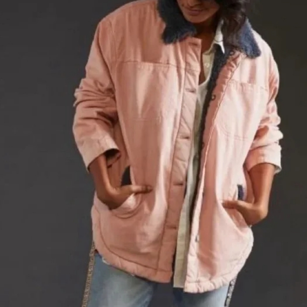 Anthropologie NWT Pilcro Pink Wash Gray Sherpa Utility Jacket Cozy S Shacket Fur - Picture 5 of 8